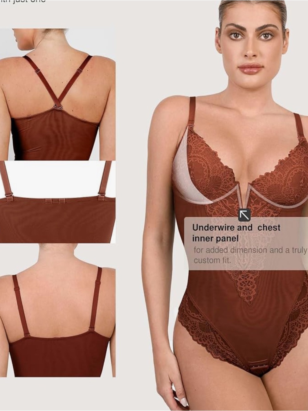 POPILUSH Lace Underwire Bodysuit Shapewear in Brown